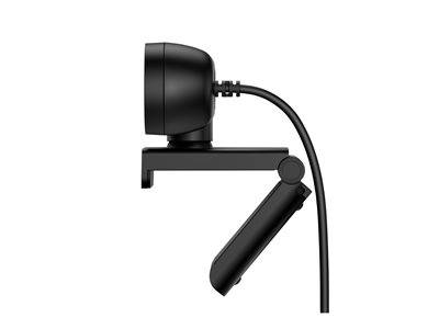 Eine schwarze Webcam mit Klemmhalterung, Seitenansicht, die die Kameraobjektiv und angeschlossenes Kabel zeigt.