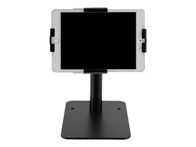 Ein Tablet, das auf einem schwarzen Ständer montiert ist und von vorne betrachtet wird. Der Halter umfasst das Tablet an allen Seiten und hält es sicher und aufrecht.