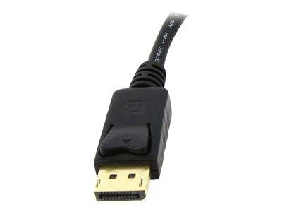 Ein schwarzer DisplayPort-Kabelbuchse mit einem kleinen Knopf oben, entwickelt zum Anschluss von Computern an Monitore oder Fernsehgeräte für Videoausgabe.