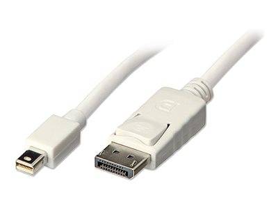Ein weißes HDMI-zu-DisplayPort-Kabel auf weißem Hintergrund, das die Anschlüsse an beiden Enden des Kabels zeigt.