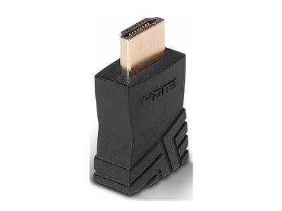 Eine Nahaufnahme eines HDMI-Anschlusses mit vergoldeter Spitze, ausgestattet mit einem schwarzen, strukturierten Gehäuse. Die Buchstaben 'HDMI' sind seitlich eingeprägt.