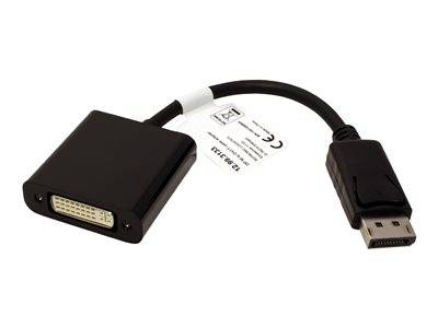 Ein schwarzes USB-zu-männlichem DisplayPort-Adapterkabel mit kompaktem Design, das Kompatibilitätsetiketten zeigt. Geeignet zum Anschluss von Geräten.