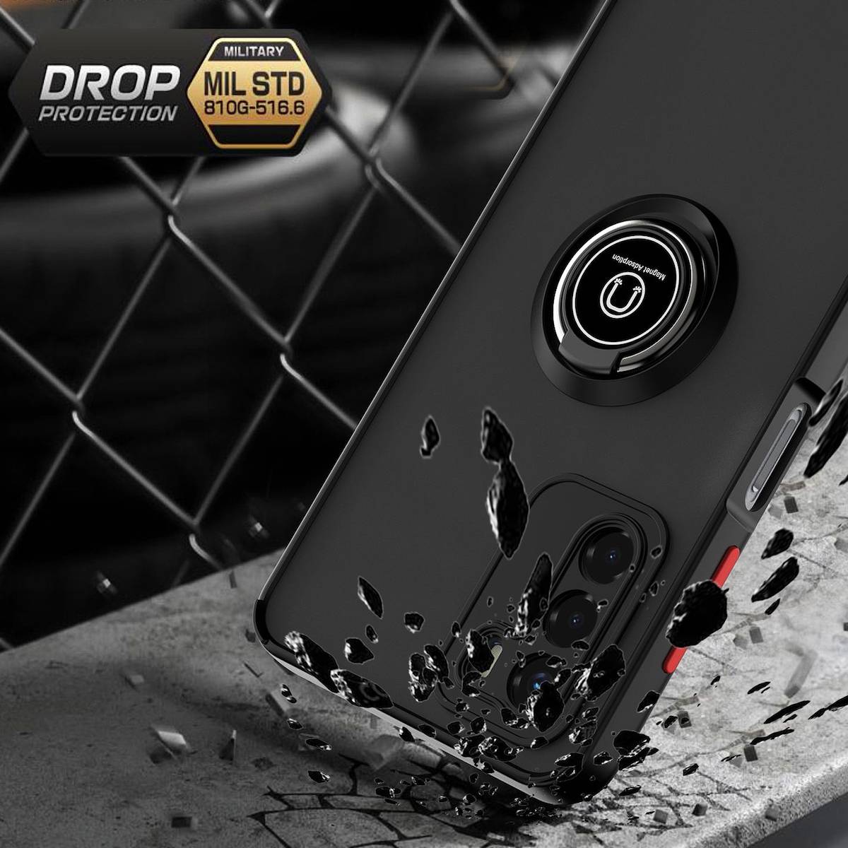 Für Motorola Moto G42 TPU / PC Design Ring Cover Handy Tasche Hülle Schutz Etuis Schwarz / Rot Neu