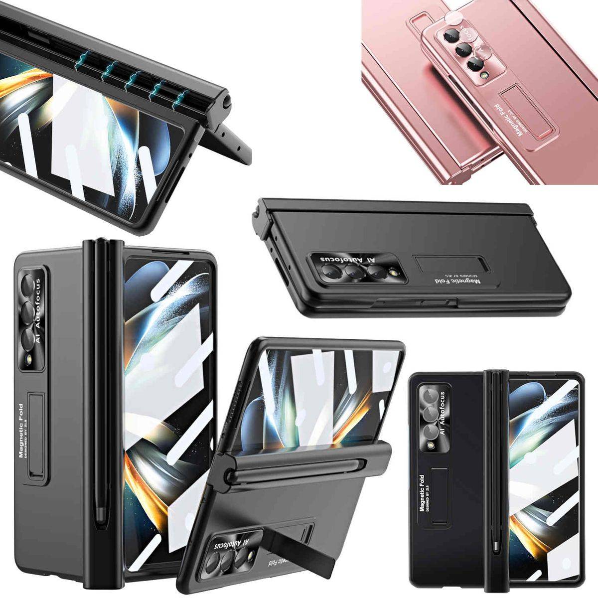Für Samsung Galaxy Z Fold3 5G Magnetische Metall / Kunststoff / Glas Handy Tasche Hülle Etuis Schwarz + Stift