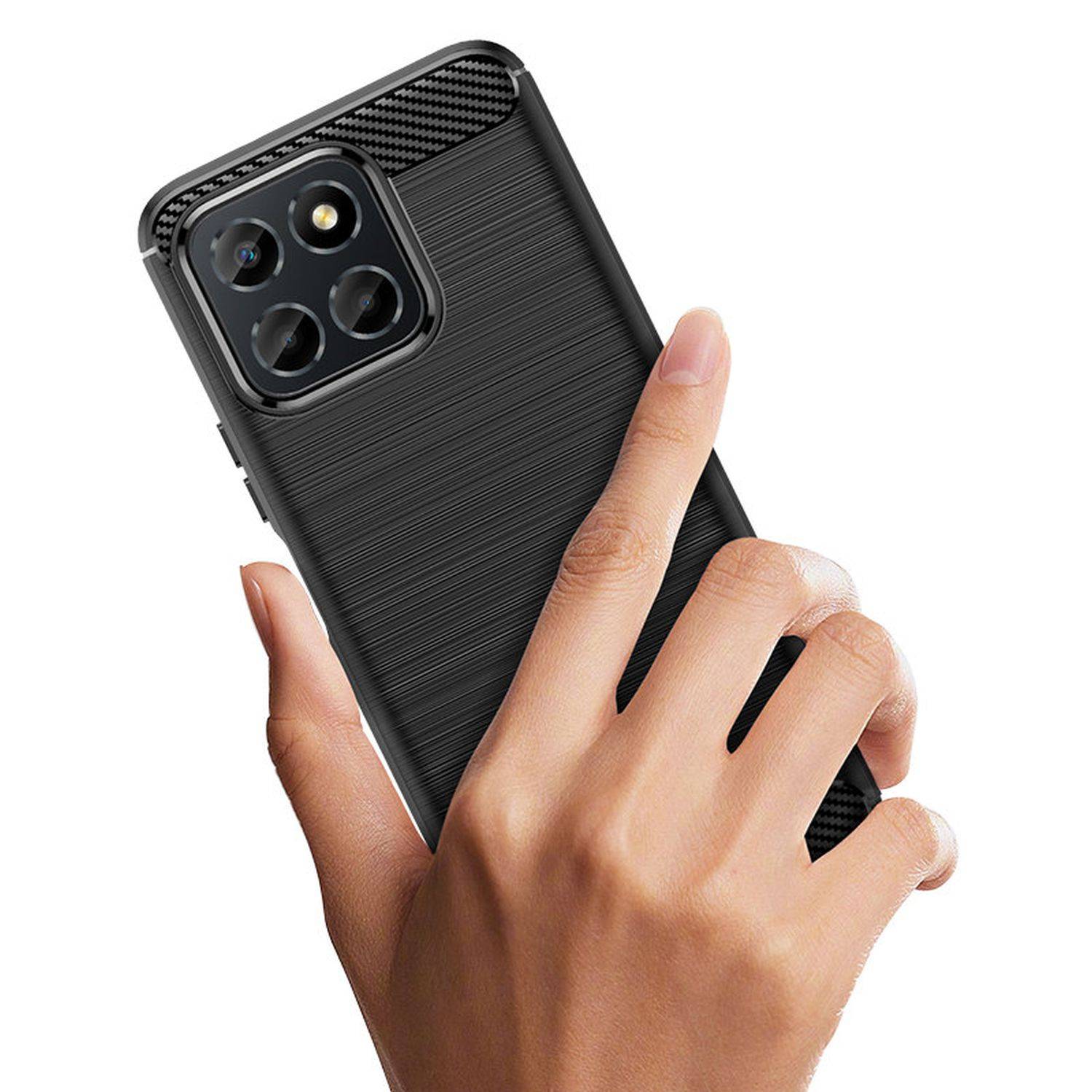 Carbon Case Hülle kompatibel mit Honor X7A flexible Silikon Carbon Hülle schwarz