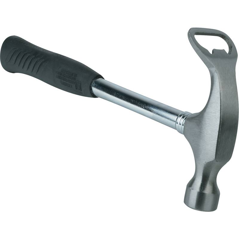 Ein Metallhammer mit einem Gummigriff-Griff und einem in die Krallensektion des Hammerenkopfs integrierten Flaschenöffner.