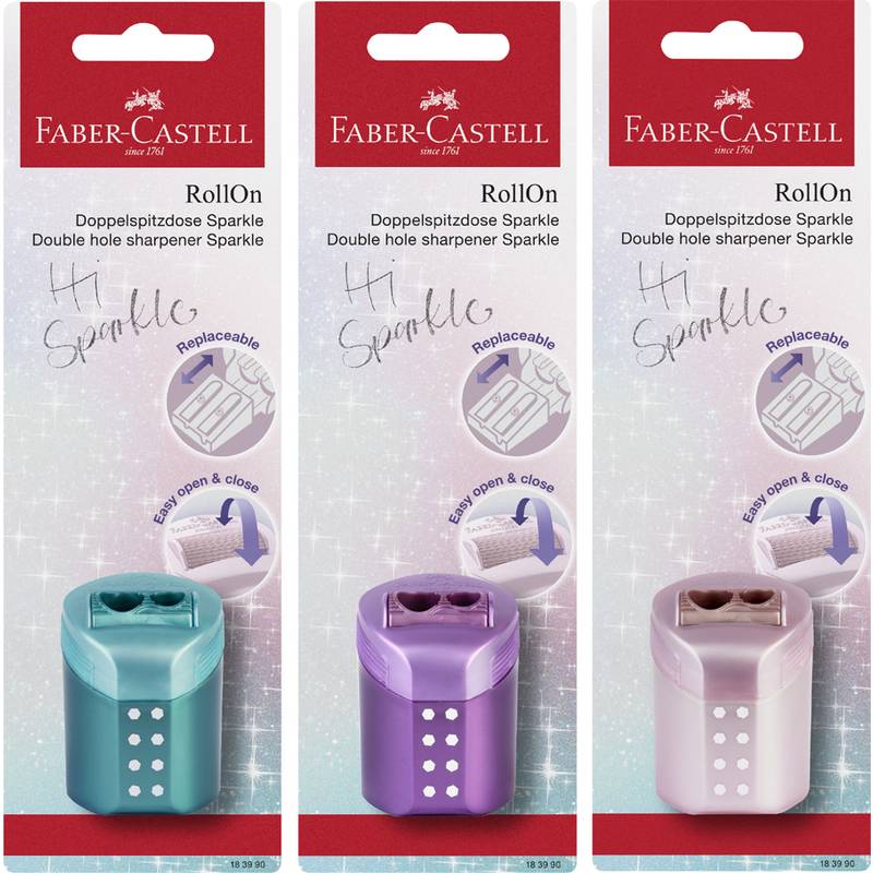 Drei Faber-Castell Doppelloch-Anspitzer in den Farben Grün, Lila und Pink mit der Aufschrift 'Roll On'. Jeder verfügt über auswechselbare Klingen und den Text 'Hi Sparkle'.