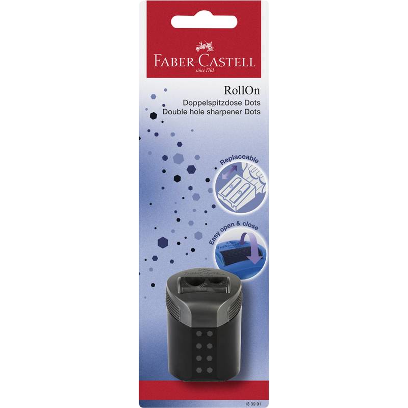Faber-Castell RollOn Doppelloch-Anspitzer mit blauem, gepunktetem Design. Mit austauschbaren Klingen und einfachem Öffnen/Schließen.