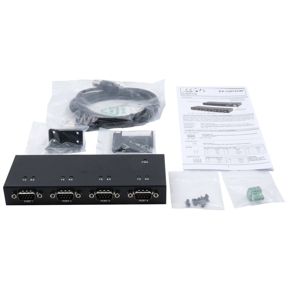 EXSYS EX-13074HM USB 2.0 zu 4 x Seriell RS-232 Ports Metallgehäuse FTDI Chip-Set
