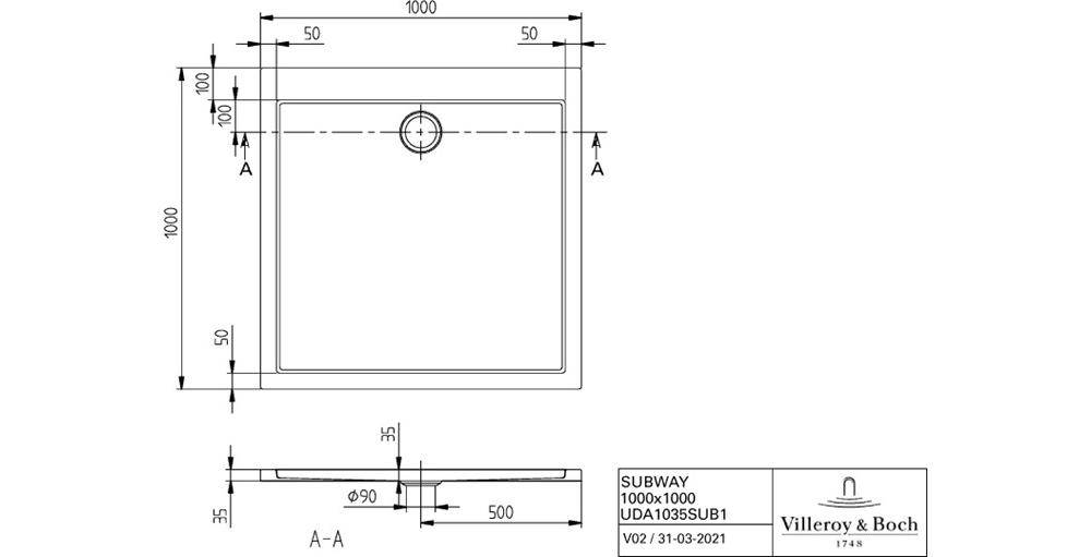 Villeroy & Boch V&B Duschwanne SUBWAY Quadrat 1000x1000x35mm we