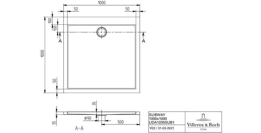 Villeroy & Boch V&B Duschwanne SUBWAY Quadrat 1000x1000x35mm we