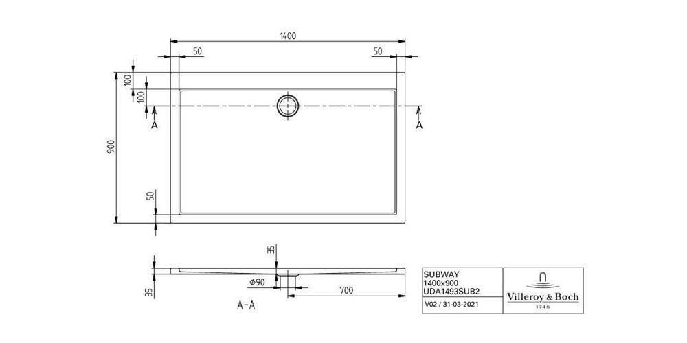 Villeroy & Boch V&B Duschwanne SUBWAY R-eck1400x900x35mm we