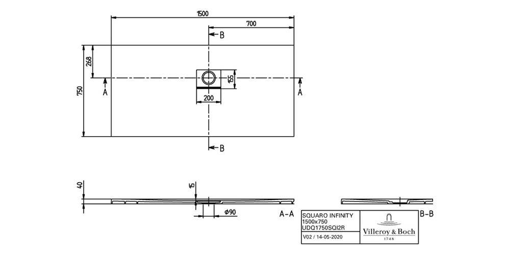 Villeroy & Boch V&B Duschwanne SQUARO INFINITY R-eck1500x750x40mm