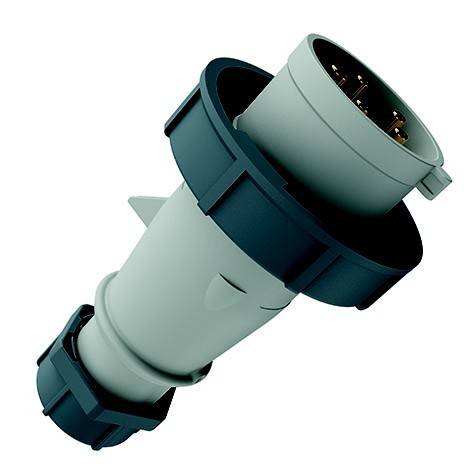 3D-gerenderter elektrischer Verbinderstecker mit zylindrischem Gehäuse und mehreren Metallstiften, dargestellt auf weißem Hintergrund.