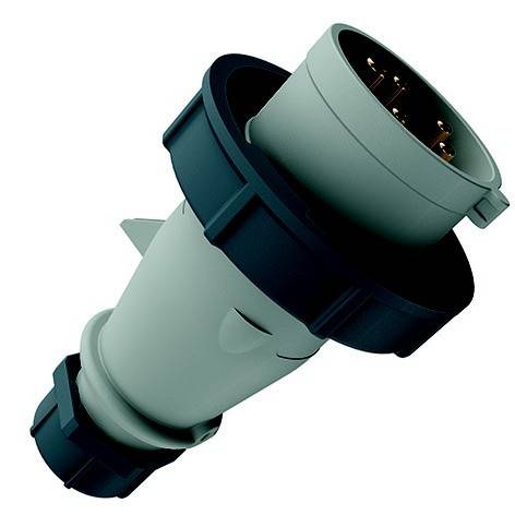 Industrieller Elektrostecker mit zylindrischem Gehäuse in Mintgrün und Dunkelblau, in einer Winkelansicht auf weißem Hintergrund dargestellt.