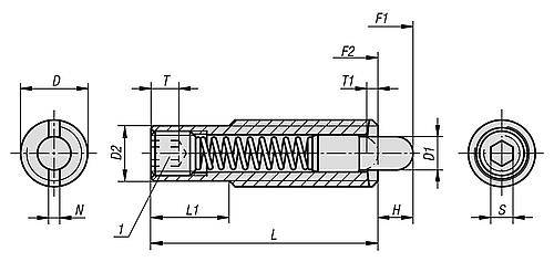 Federnde Druckstücke M10, 60mm mit Innensechskan