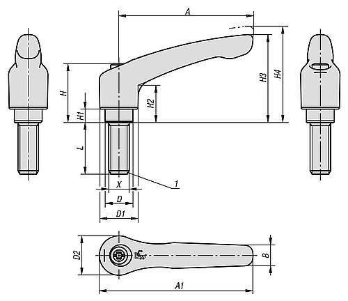 Verstellbare Klemmhebel 65, M10 x 40 mit Außengewinde, Stahl