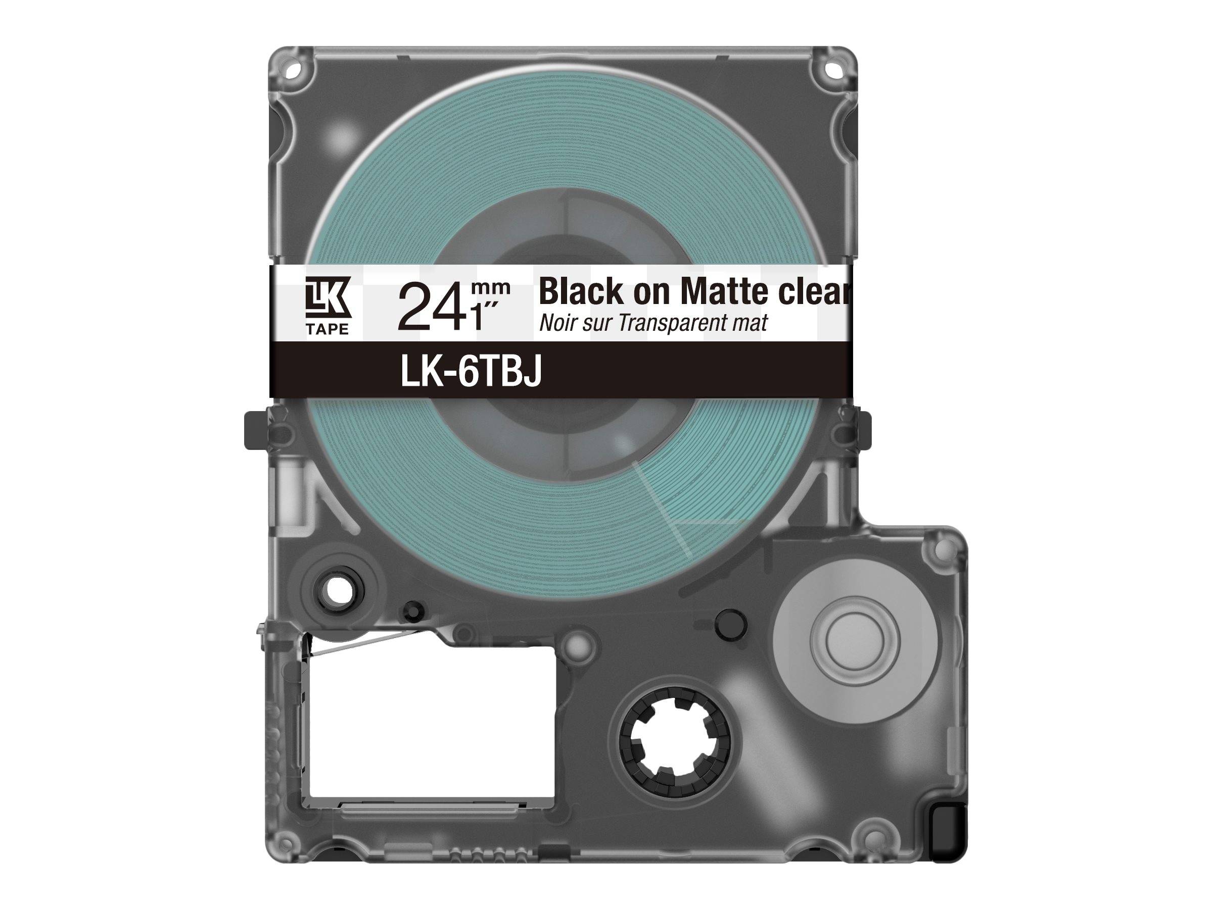 Eine Etikettendruck-Kassette mit 24 mm schwarz auf matter, transparenter Folie, gekennzeichnet mit LK-6TBJ und 