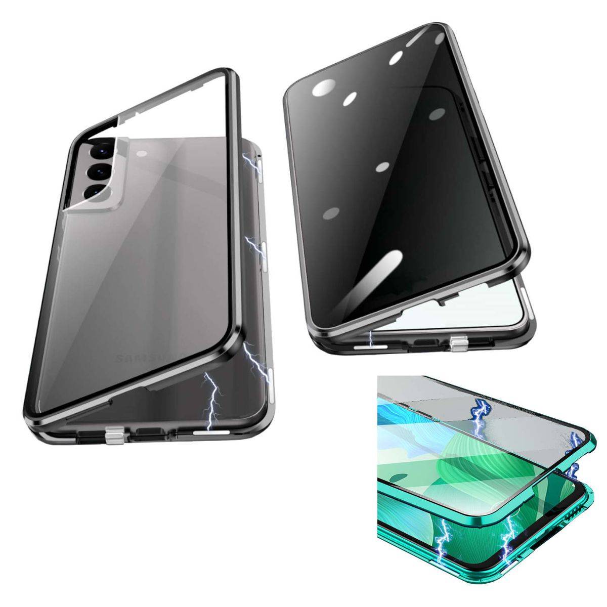 Für Samsung Galaxy S23 Plus 5G Beidseitiger 360 Grad Magnet / Glas Privacy Mirror Case Hülle Handy Tasche Bumper Schwarz