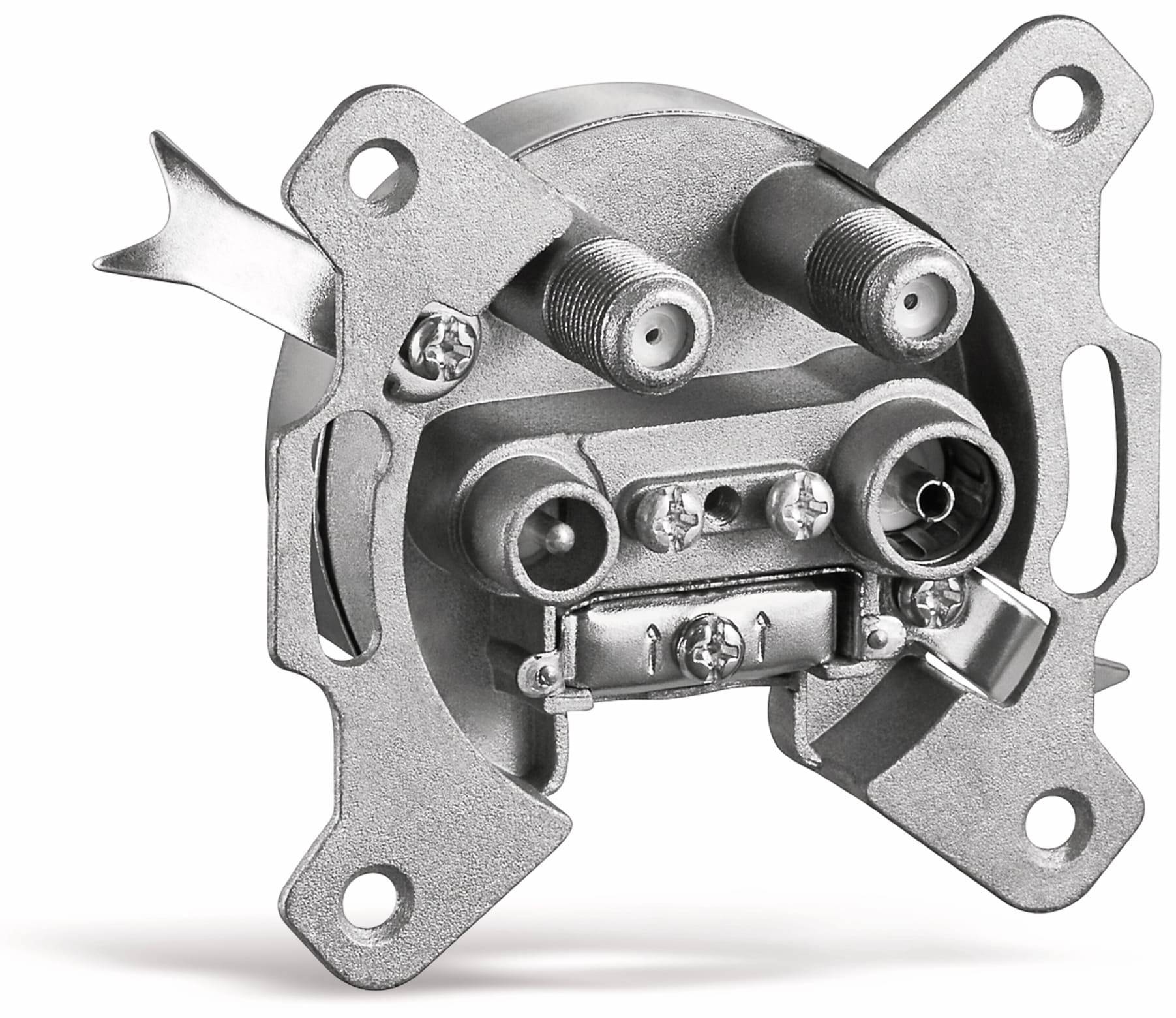 Eine metallische Wandhalterung mit mehreren Gewindeanschlüssen und Befestigungslöchern, die zum Sichern und Verbinden von Koaxialkabeln verwendet wird.
