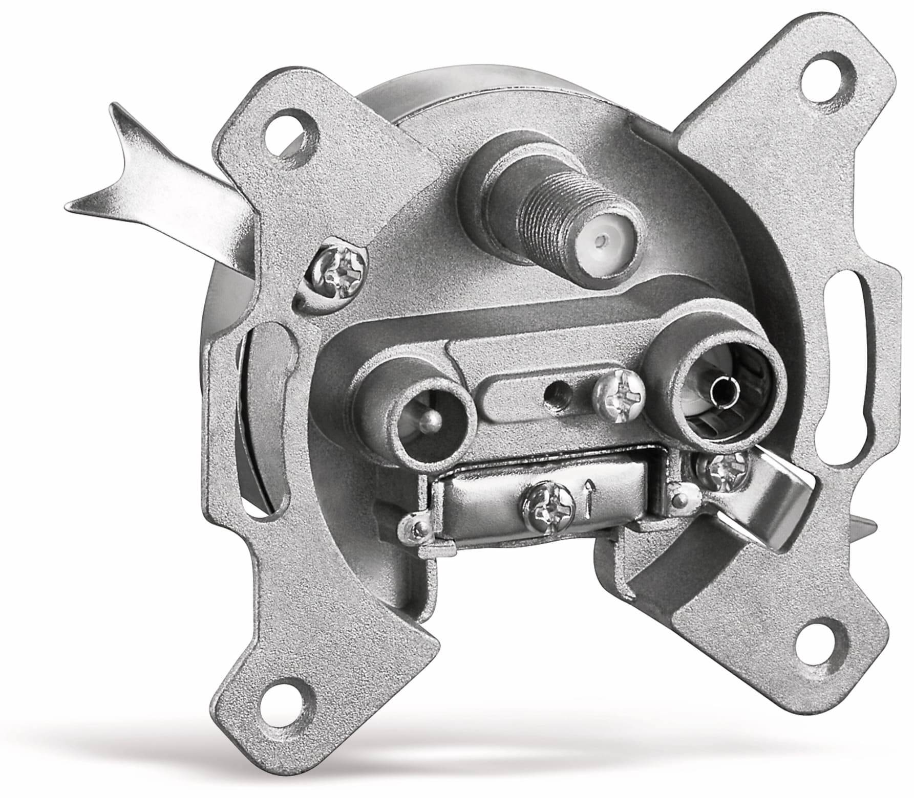 Eine Nahaufnahme eines mechanischen Bauteils mit metallischen Teilen und Bolzen, mit einem drehbaren Knopf und zwei zylindrischen Vorsprüngen für Befestigungen.