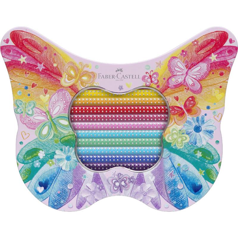 Eine farbenfrohe Sammlung von Faber-Castell Buntstiften in einer Schmetterlingsform-Verpackung mit einem lebendigen, regenbogenfarbenen Design und Schmetterlings-Illustrationen.