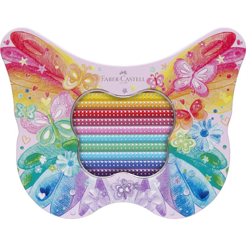 Eine schmetterlingsförmige Blechdose mit Farbstiften von Faber-Castell, die am Rand mit farbenfrohen Illustrationen von Schmetterlingen und Blumen verziert ist.