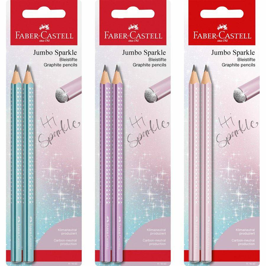 Drei Faber-Castell Jumbo Sparkle Graphitstiftpackungen in blauer, violetter und rosa Verpackung, nebeneinander angeordnet.