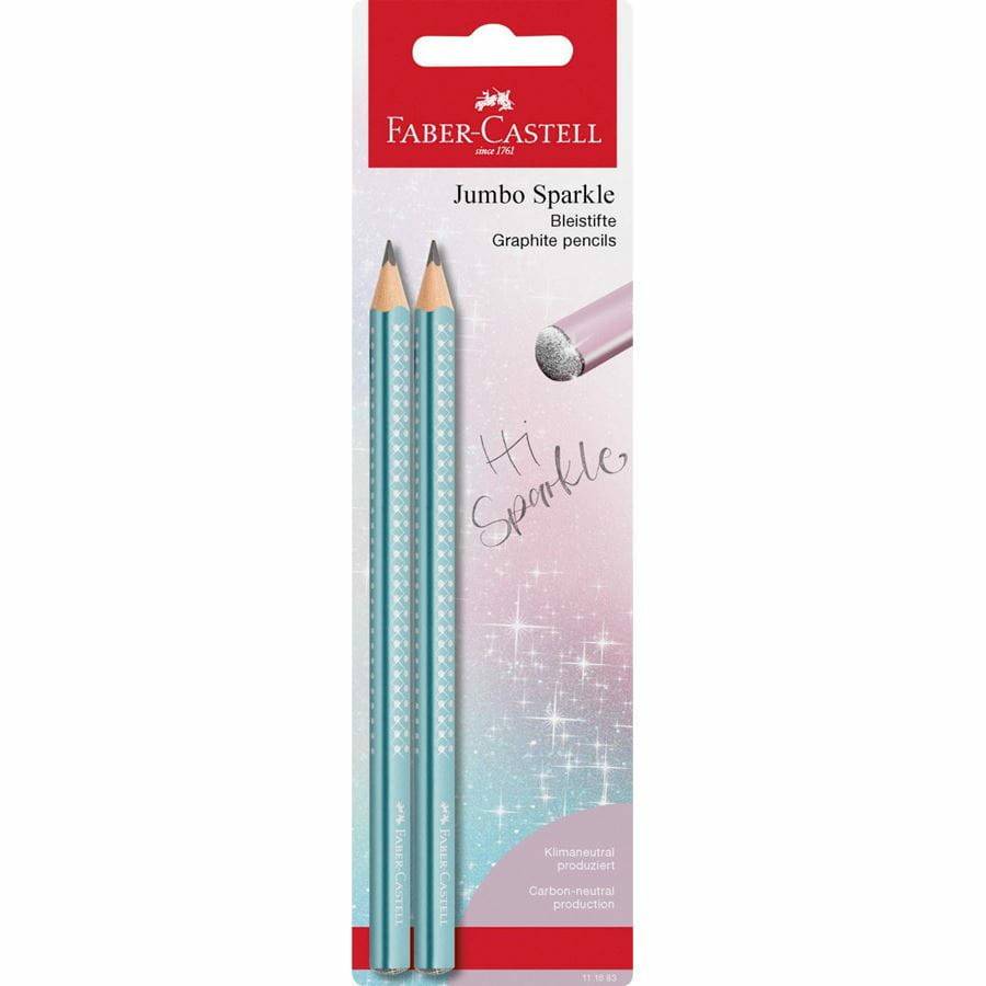 Faber-Castell Jumbo Sparkle Grafitstiftpackung mit zwei türkisfarbenen Stiften und glitzerndem Rosa-Design.