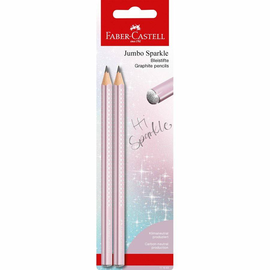 Faber-Castell 'Jumbo Sparkle' Graphitstiftpackung mit zwei rosa Glitzerstiften und einer Stiftspitzenabbildung.