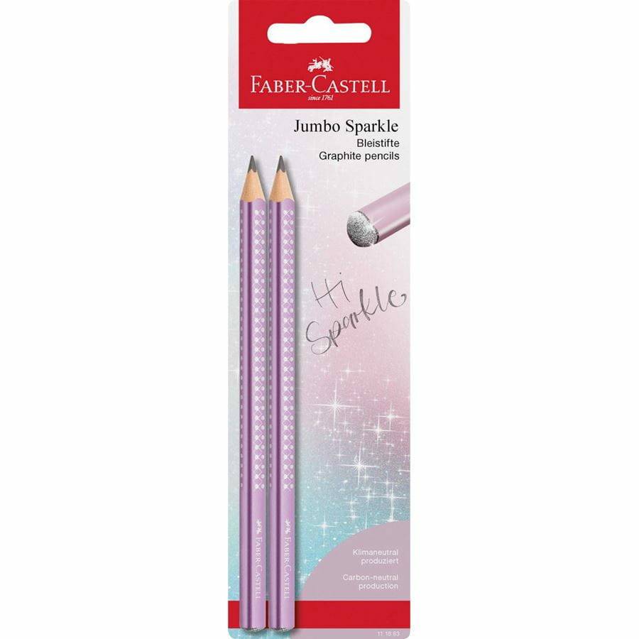 Faber-Castell 'Jumbo Sparkle' Graphitstiftset mit zwei lavendelfarbenen glitzernden Stiften und rosafarbener Radiergummispitze auf der Vorderseite abgebildet.