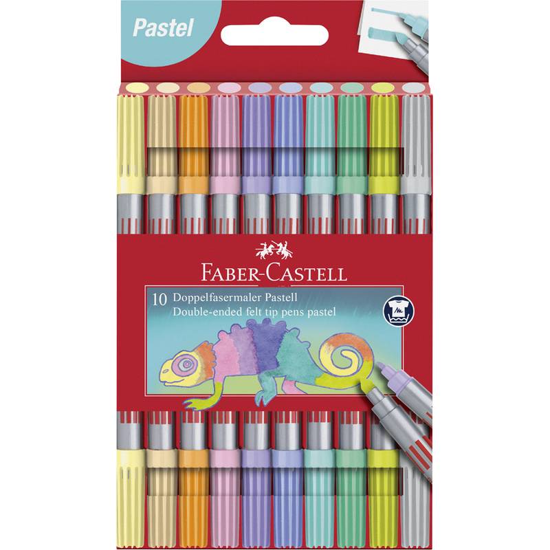 Faber-Castell Doppelseitige Filzstifte in Pastellfarben. Verpackung zeigt eine Chamäleon-Illustration. Enthält 10 Stifte.