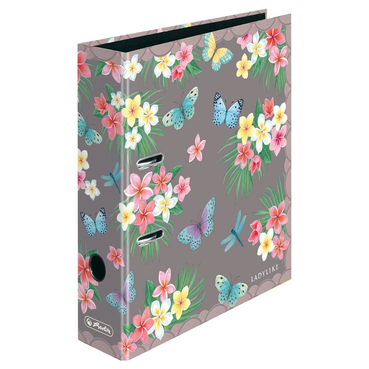 Dreiring-Ringordner mit floralem Schmetterlings-Muster und rosa, weißen und gelben Blüten auf grauem Hintergrund.