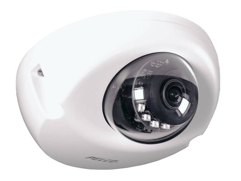 Weiße Kuppel-Überwachungskamera mit schwarzem Fisheye-Objektiv, montiert zur Überwachung.