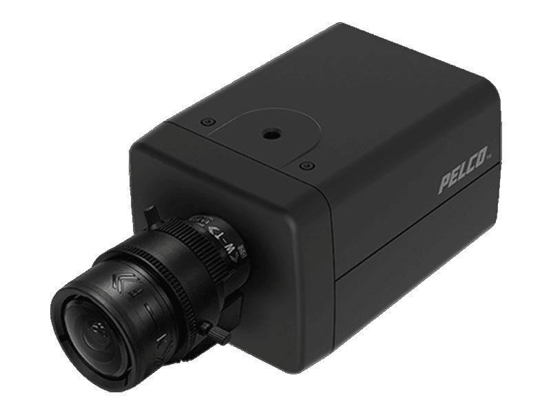 Eine schwarze Sicherheitskamera mit einer Linse auf der Vorderseite und dem Markennamen 'PELCO' an der Seite, die typischerweise zur Überwachung verwendet wird.