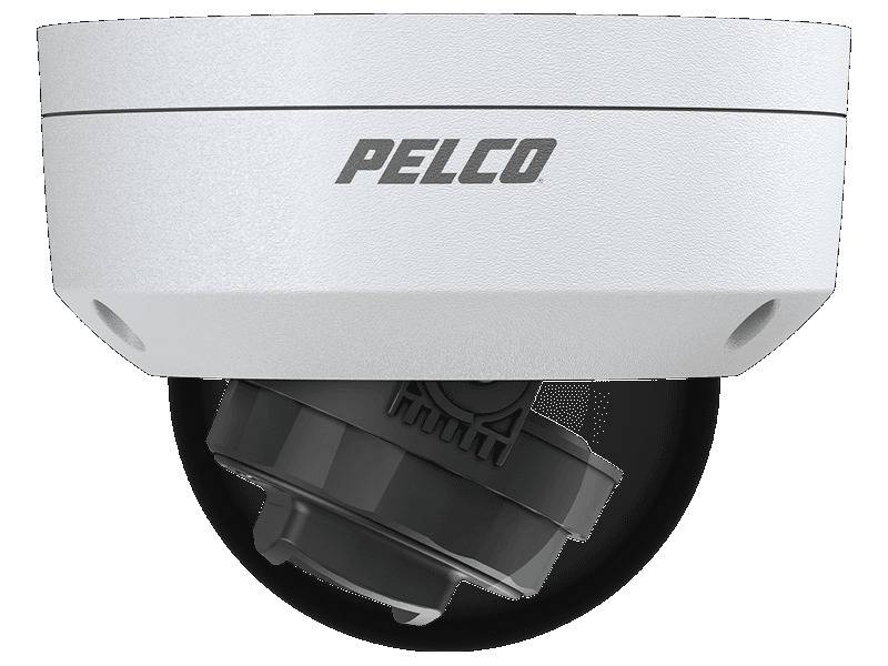 Deckenmontierte Pelco-Sicherheitskamera mit weißem Gehäuse und schwarzer Linse, entwickelt für Überwachungs- und Beobachtungszwecke.