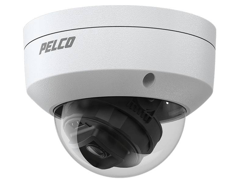 Weiße Pelco-Domensicherheitskamera mit einer klaren halbkugelförmigen Abdeckung, vor schwarzem Hintergrund abgebildet.