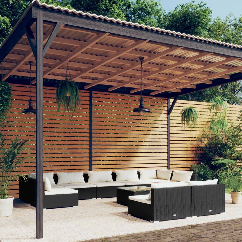 vidaXL 10-tlg. Garten-Lounge-Set mit Kissen Schwarz Poly Rattan