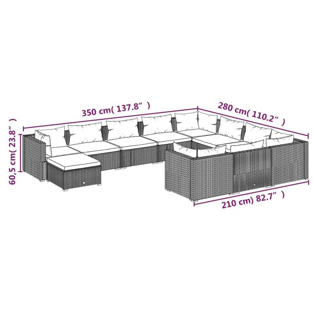 vidaXL 11-tlg. Garten-Lounge-Set mit Kissen Poly Rattan Braun
