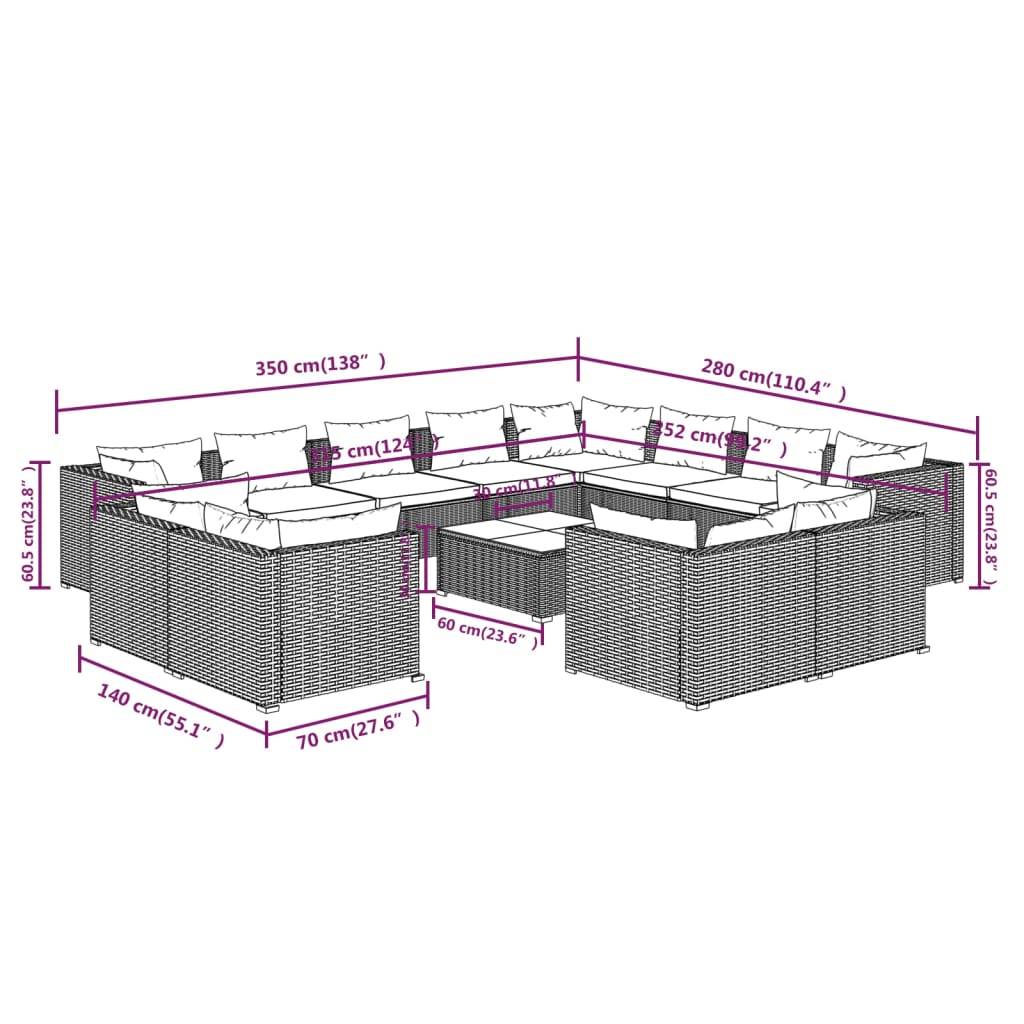 vidaXL 13-tlg. Garten-Lounge-Set mit Kissen Schwarz Poly Rattan