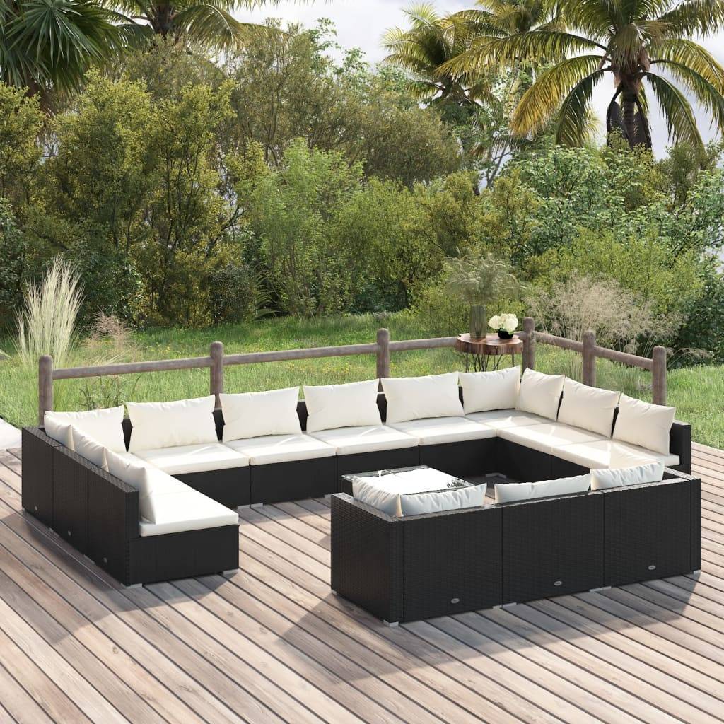 vidaXL 14-tlg. Garten-Lounge-Set mit Kissen Schwarz Poly Rattan