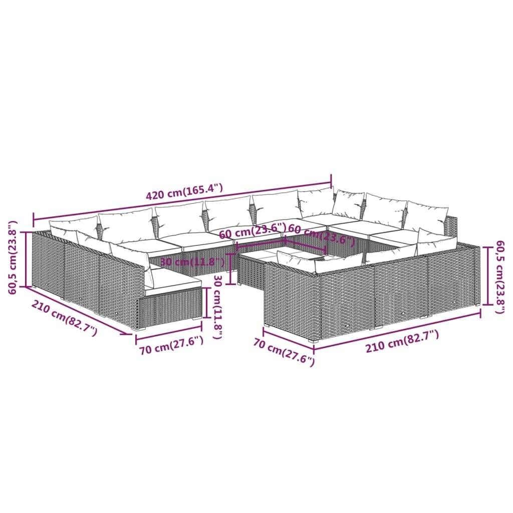 vidaXL 14-tlg. Garten-Lounge-Set mit Kissen Schwarz Poly Rattan