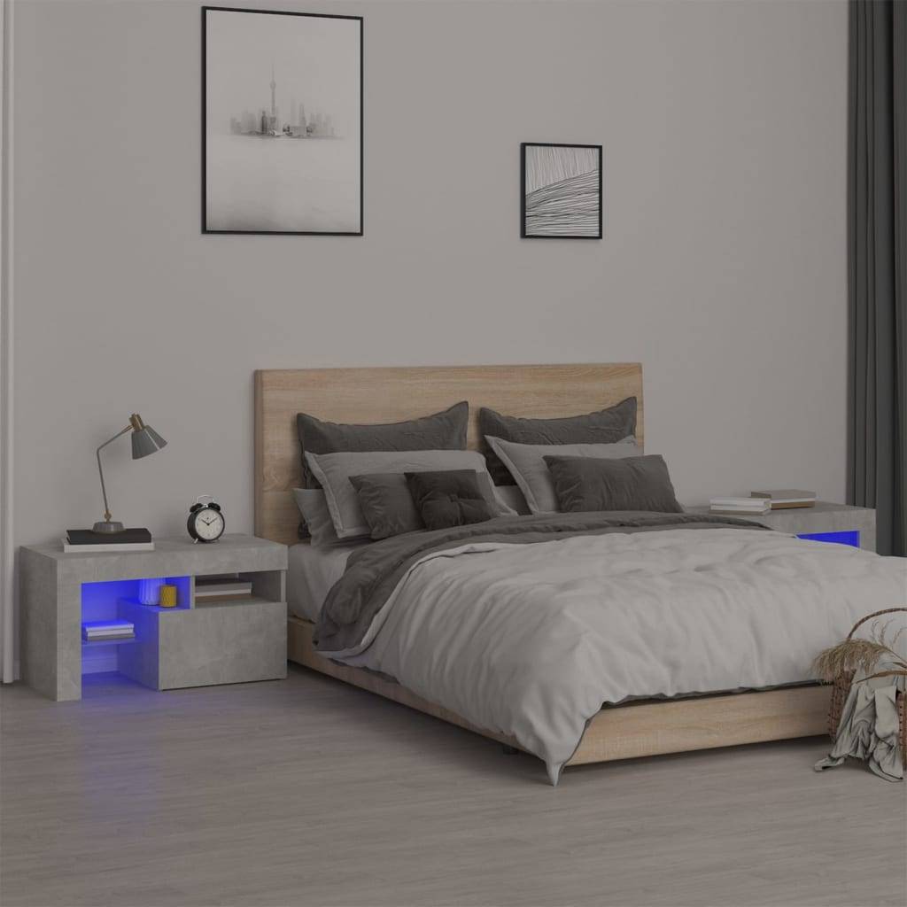 vidaXL Nachttische 2 Stk. mit LED-Leuchten Betongrau 70x36,5x40 cm