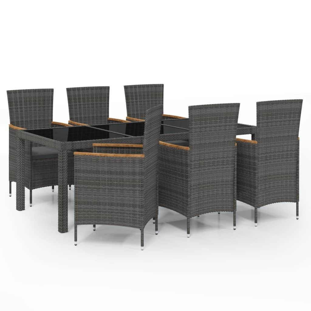 vidaXL 7-tlg. Garten-Essgruppe mit Auflagen Poly Rattan Schwarz & Grau