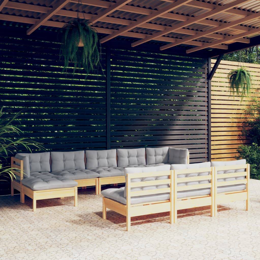 vidaXL 10-tlg. Garten-Lounge-Set mit Grauen Kissen Kiefernholz