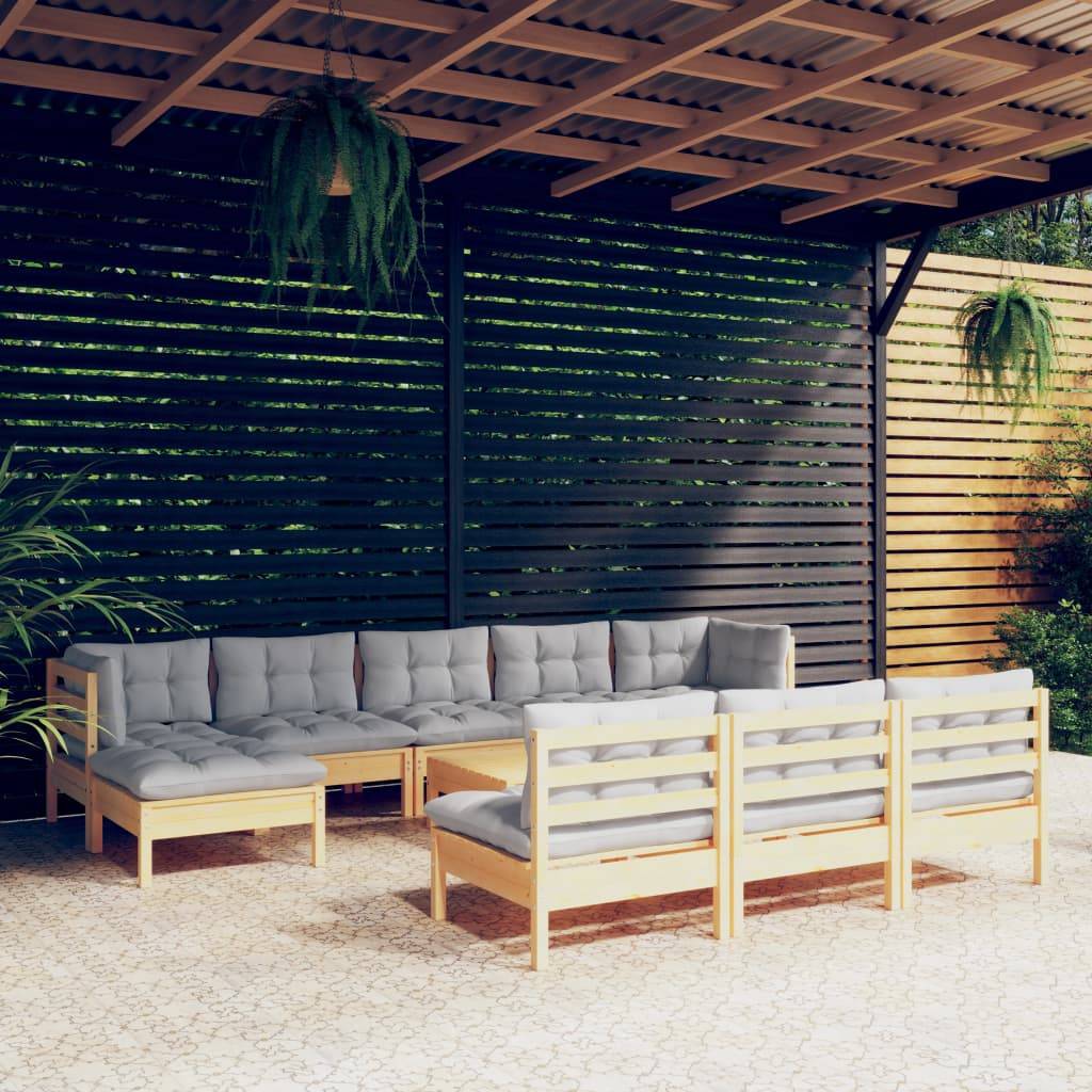 vidaXL 11-tlg. Garten-Lounge-Set mit Grauen Kissen Kiefernholz