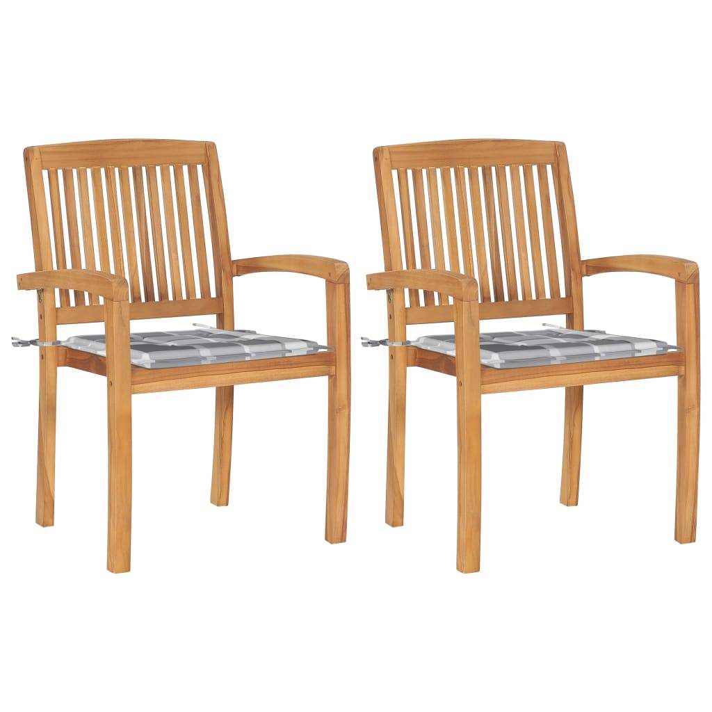 vidaXL Gartenstühle 2 Stk. Graue Karomuster Kissen Massivholz Teak