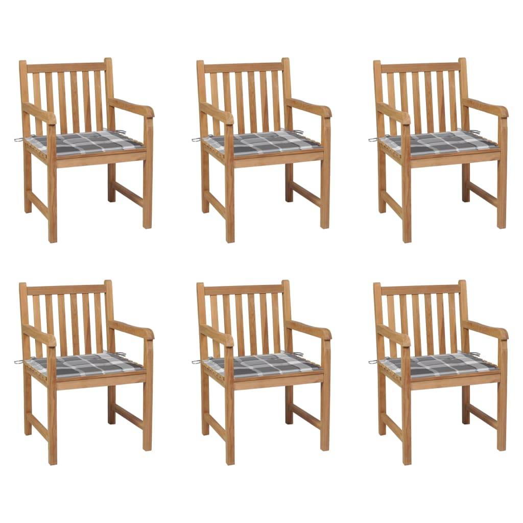 vidaXL Gartenstühle 6 Stk. Graue Karomuster-Kissen Massivholz Teak