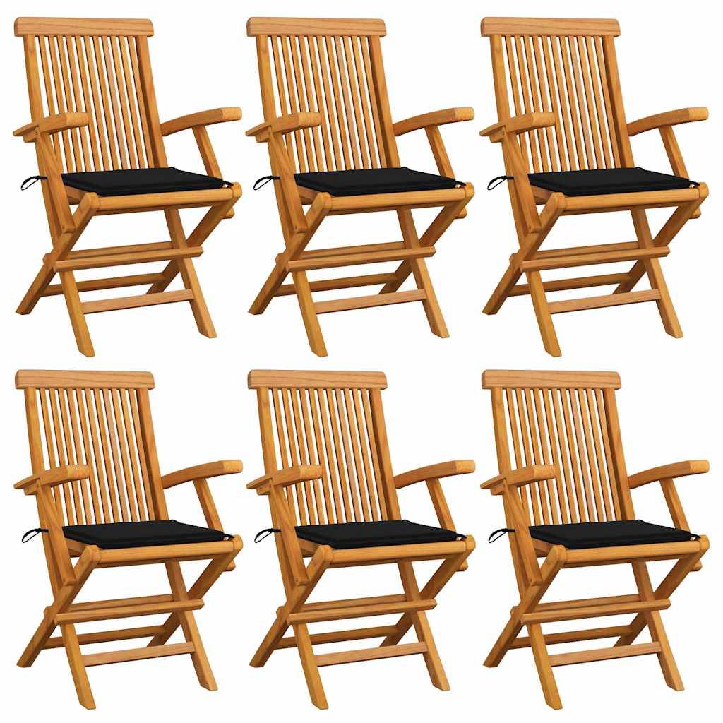vidaXL Gartenstühle mit Schwarzen Kissen 6 Stk. Massivholz Teak
