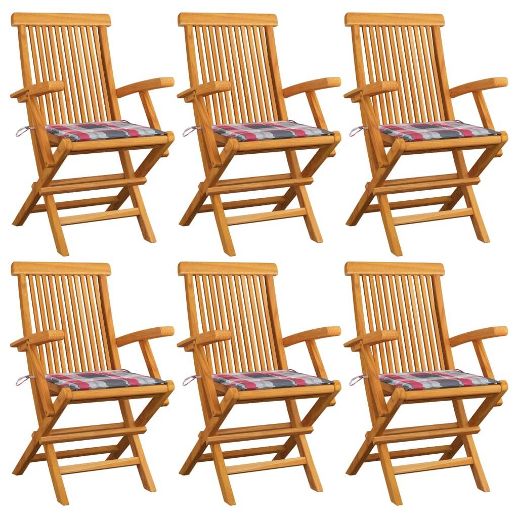 vidaXL Gartenstühle Rote Karomuster-Kissen 6 Stk. Massivholz Teak